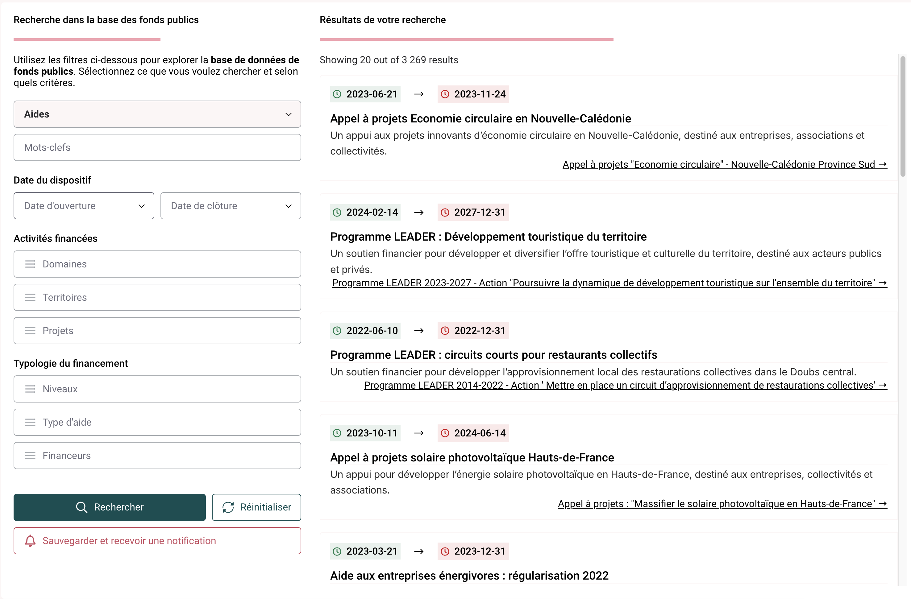 Interface de recherche de fonds publics